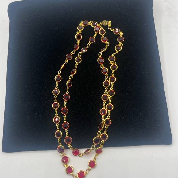 Austrian Crystal USA Red Glass Crystal Bezel Gold Tone Long Necklace 35” - Picture 7 of 10
